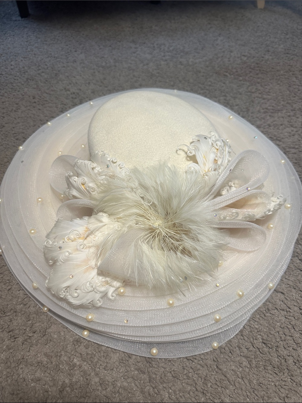 Ivory Women's Occasion Hat with Feather & Pearl Accents